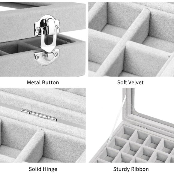 24 Grey Grid Velvet  Drawers Glass Clear Lid Showcase Display Storage Box - Picture 3 of 7